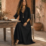 Soléra – Boho Ruffle V-Neck Maxi Dress with Roll-Up Sleeves