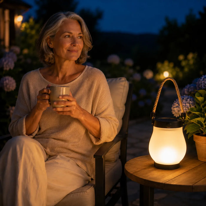 Lumvera lantern used as warm patio lighting