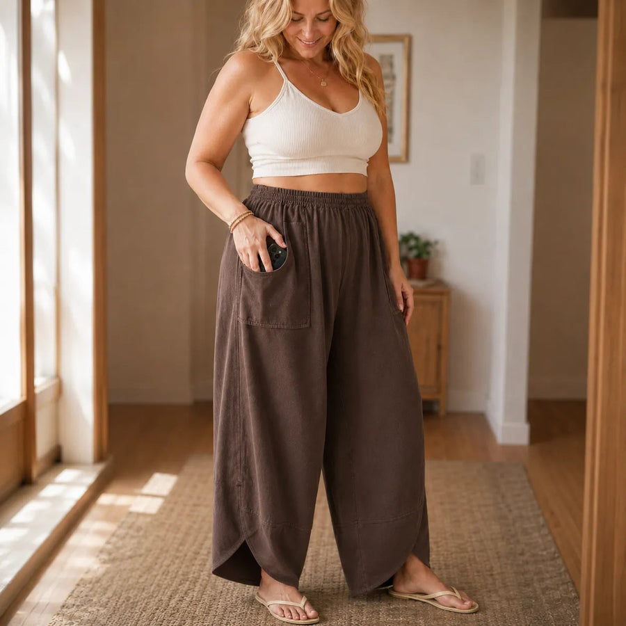Lounella – Wide Leg Harem Pants with Elastic Waist and Deep Pockets