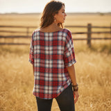 Wrenfield – Plaid Round Neck Blouse with Cuffed Sleeves