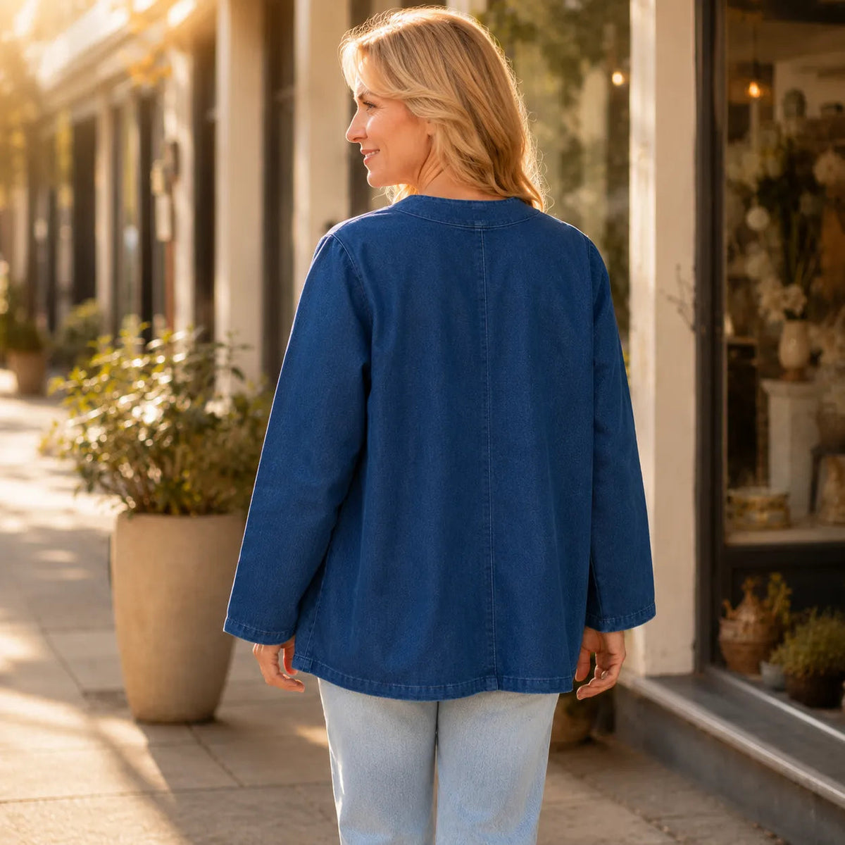 Verelle – Women's V-Neck Collarless Denim-like Jacket, Soft Button-Front Layer