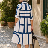 Ondelle – Geometric Print Midi Shirt Dress with Side Pockets