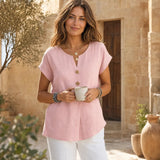 Solene – Relaxed V-Neck Blouse with Wood-like Buttons for Women