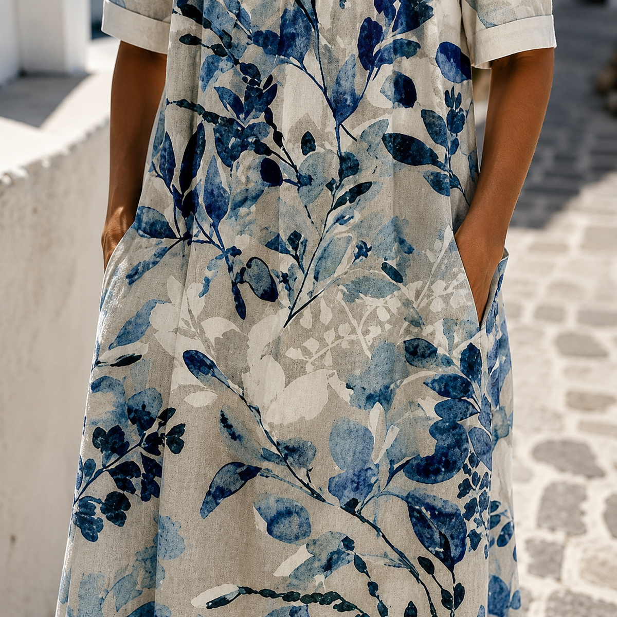 Marivelle – Botanical Print Midi Shift Dress with Pockets