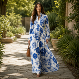 Mirabel – Blue Floral Peony Button-Front Maxi Shirt Dress with Pockets