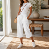 Lyriva – Women's Capri Pants with Drawstring Waist, Pockets and Button-Slit Hem