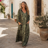 Lunavia – Leopard Print V-Neck Maxi Dress with Pockets, Loose Kaftan Fit, 4 Colors