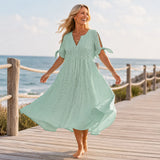 Lunavia – Eyelet V Neck Midi Dress with Tie Sleeves and Pockets