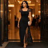 Soirée – Sequin Slit Maxi Dress with Convertible Square Neck