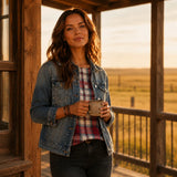 Wrenfield – Plaid Round Neck Blouse with Cuffed Sleeves
