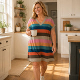 Marlowen – Striped V-Neck Knit T-Shirt Dress for Women, Soft Summer Casual