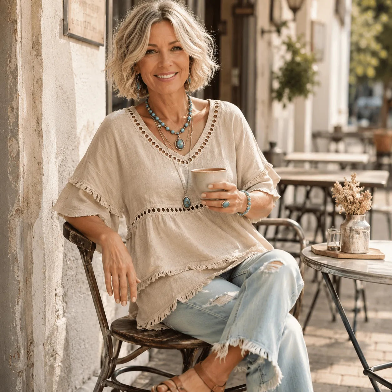 Solavie – Boho V-Neck Fringe Trim Tunic Top for Women