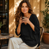 Sereva – Women's Relaxed V-Neck Linnen Blouse with Three-Quarter Sleeves and Curved Hem