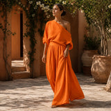Solendra – Coordinated One-Shoulder Top and Flowing Wide-Leg Pants