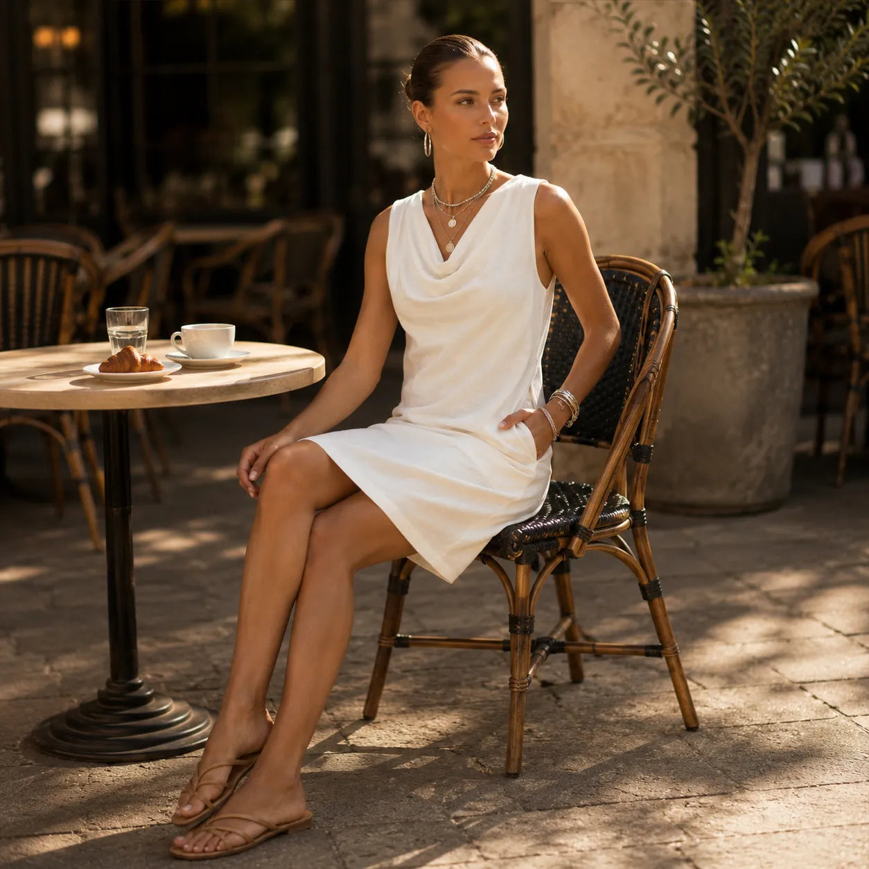 Solenne – Cowl Neck Mini Dress with Pockets, Slim Fit Sleeveless Shift