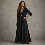 Soléra – Boho Ruffle V-Neck Maxi Dress with Roll-Up Sleeves