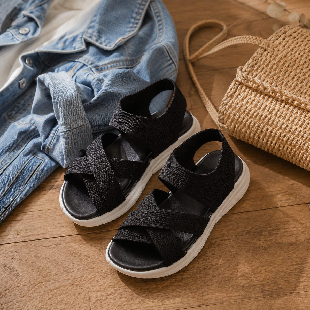 Veluna – Cushioned Stretch Knit Cross Strap Sandals for Women