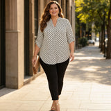 Drapella – Geometric Print V-Neck Tunic Blouse with Roll-Tab Sleeves