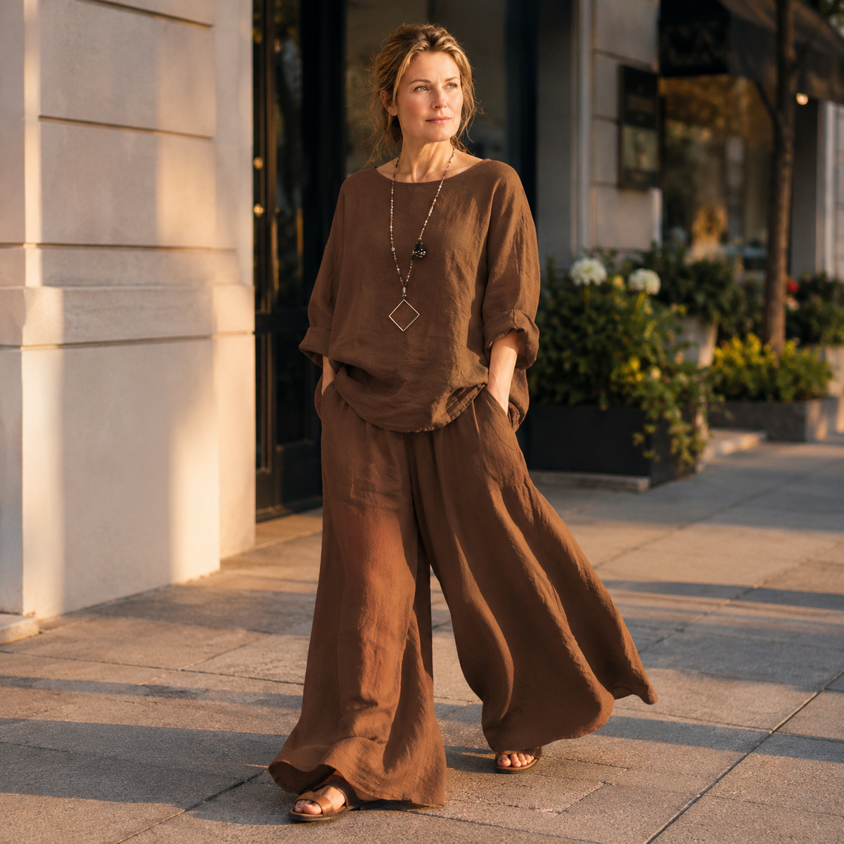 Lunavia – Oversized Cotton-Linen Two-Piece Set with Wide-Leg Pants