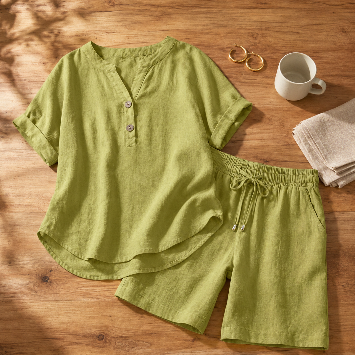Lunessa – Cotton Linen 2 Piece Set Women Henley Top and Drawstring Shorts