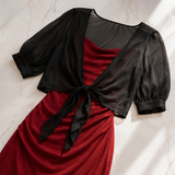 Veluna – Chiffon Tie-Front Top with Puff Sleeves