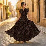 Veluxa – Leopard Print Cinched Waist Maxi Shirt Dress with Pockets