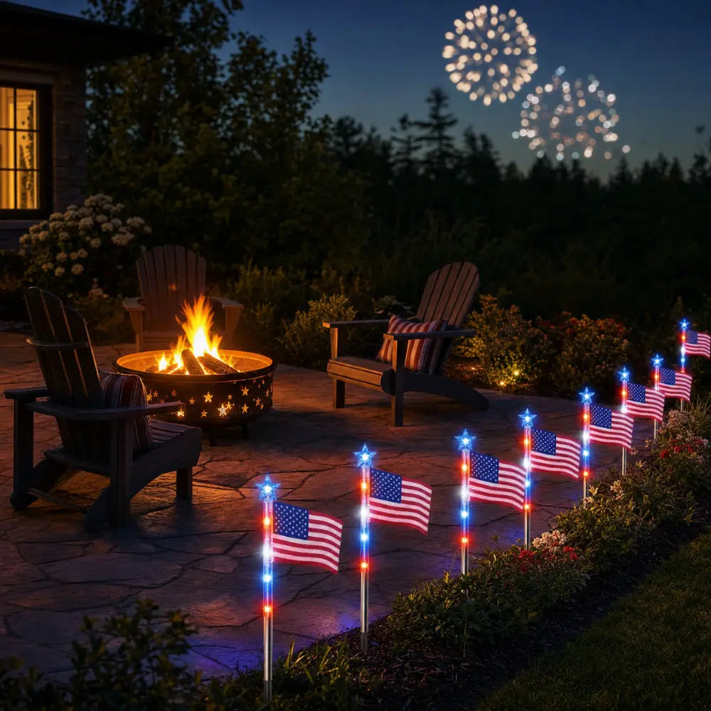 Stargrove – Solar American Flag Light Stakes, 8-Piece Set for 4th of July Walkway & Yard Decor
