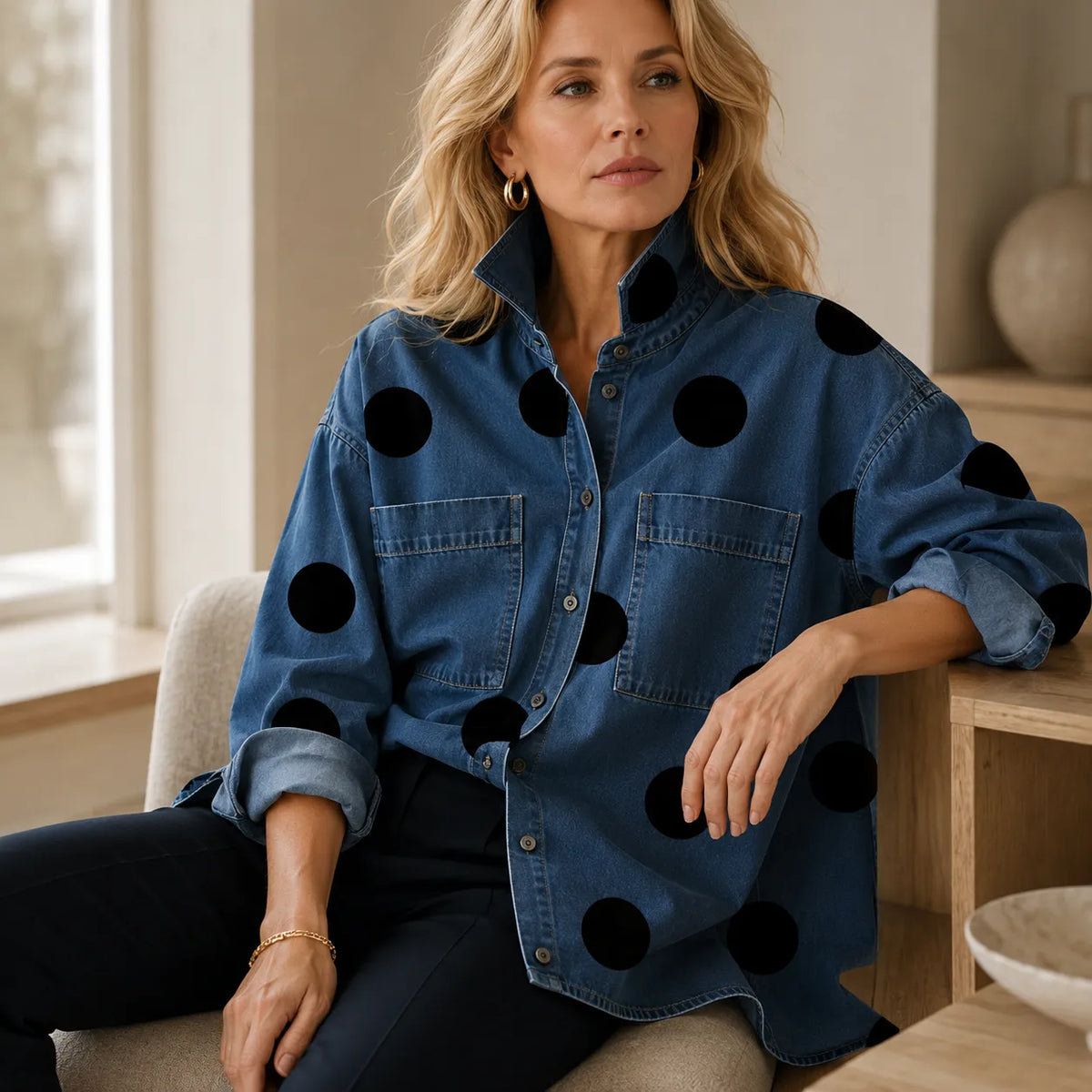 Marevelle – Oversized Polka Dot Denim Shirt with Stand Collar
