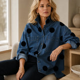 Marevelle – Oversized Polka Dot Denim Shirt with Stand Collar