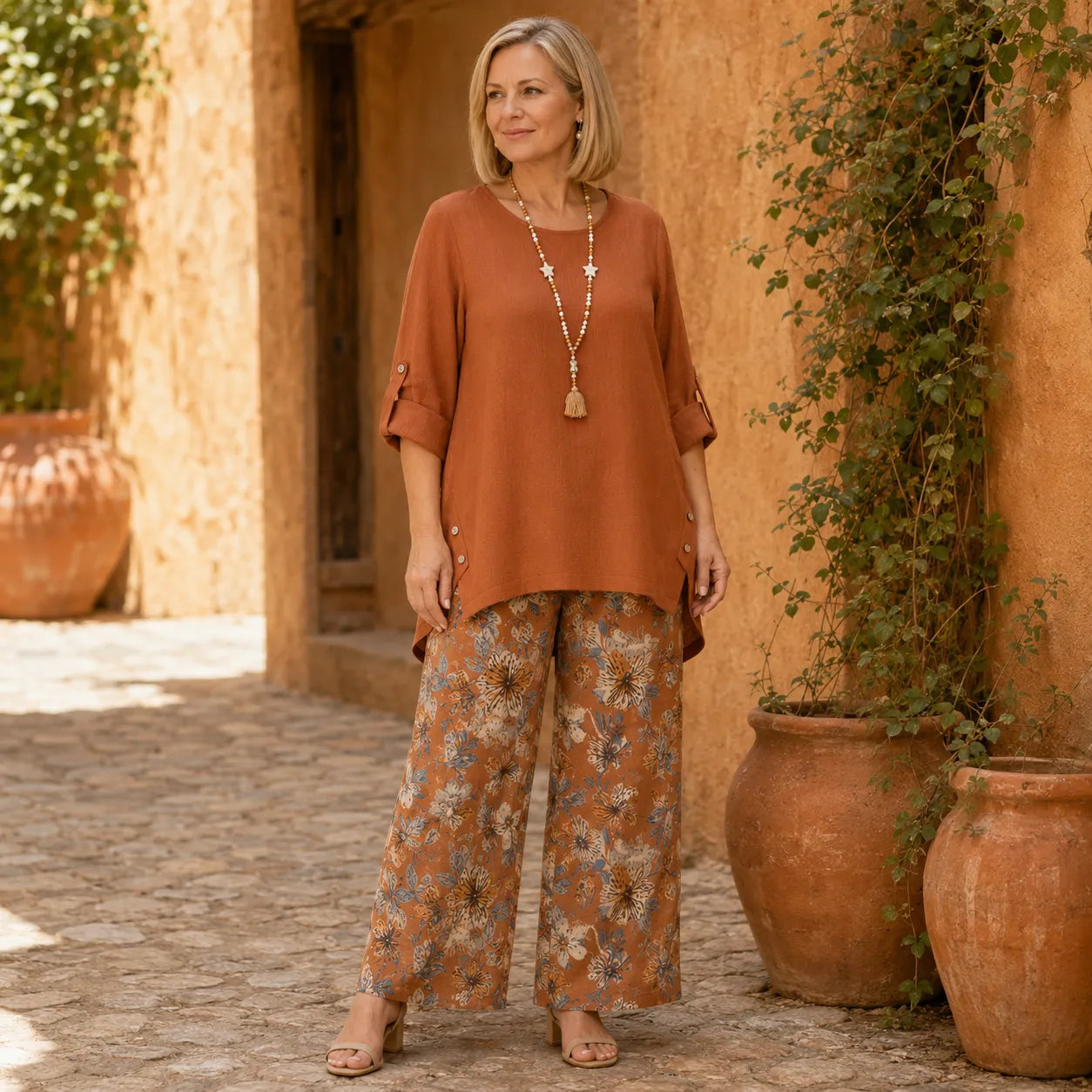 Solvea – Women's Draped High-Low Tunic & Wide-Leg Pants Set