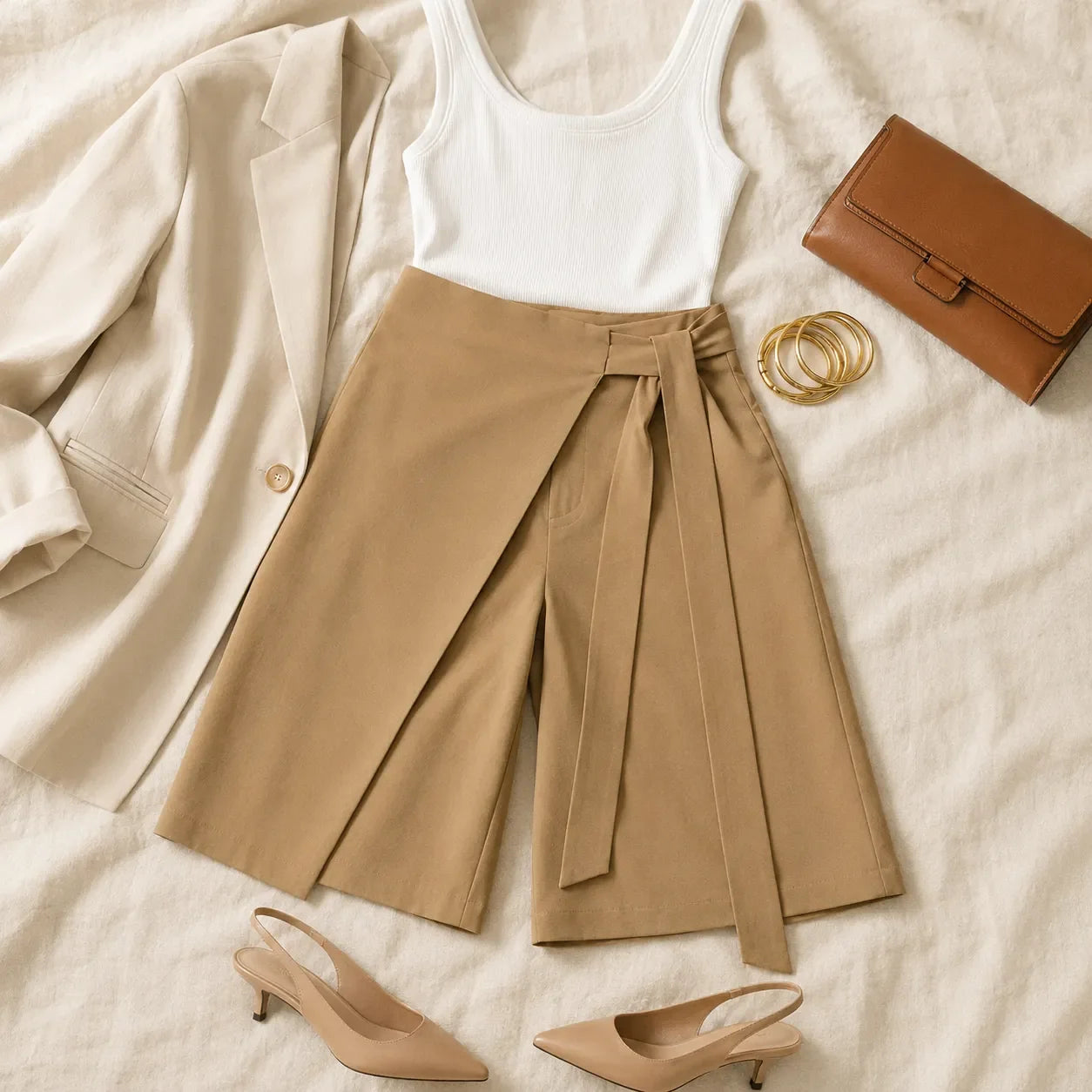 Solene – High-Waisted Wide-Leg Tie-Front Culottes for Women