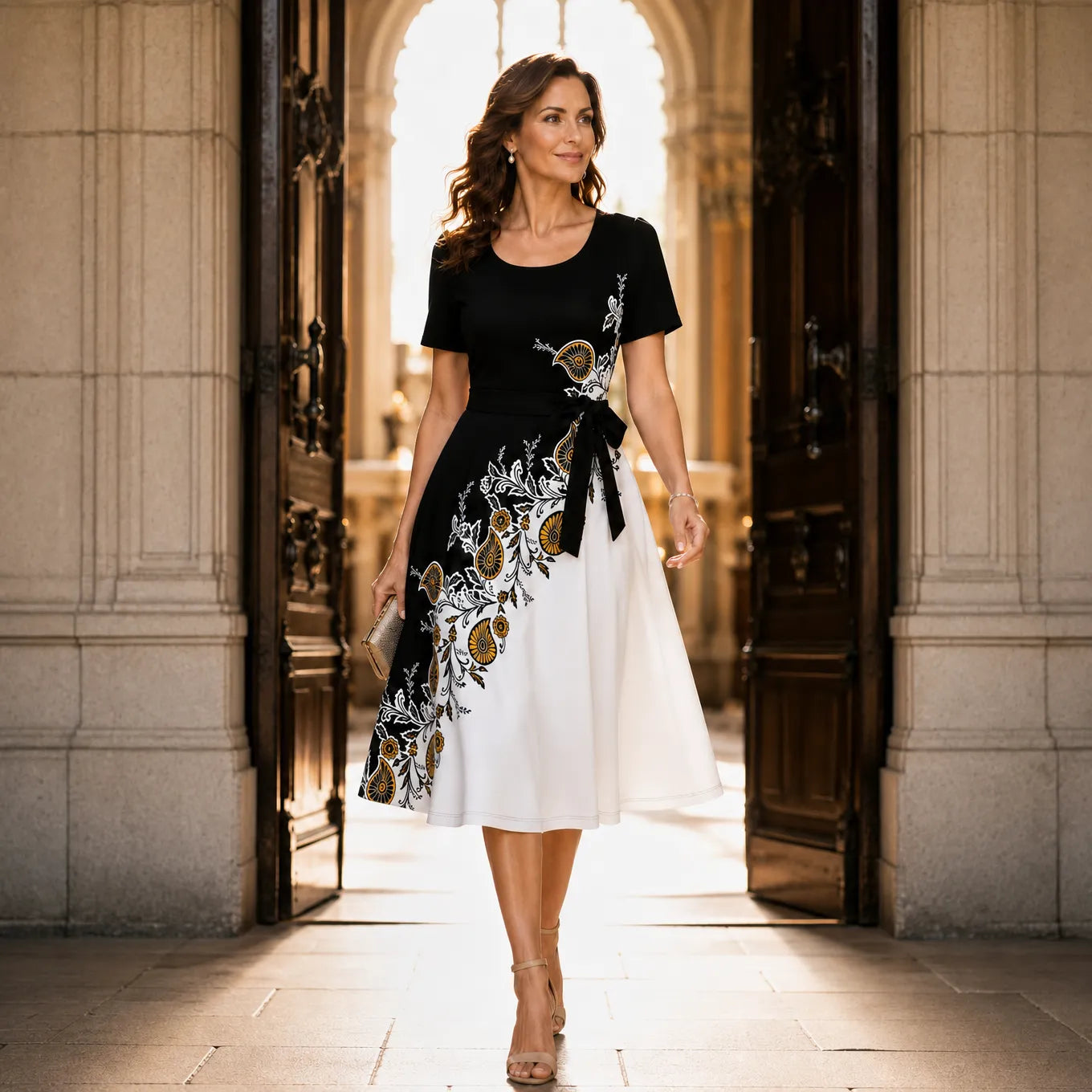Marveline – Paisley A-Line Midi Dress with Tie Waist