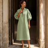 Solvana – Half-Zip Puff Sleeve Loose Midi Dress with Pockets