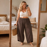 Lounella – Wide Leg Harem Pants with Elastic Waist and Deep Pockets