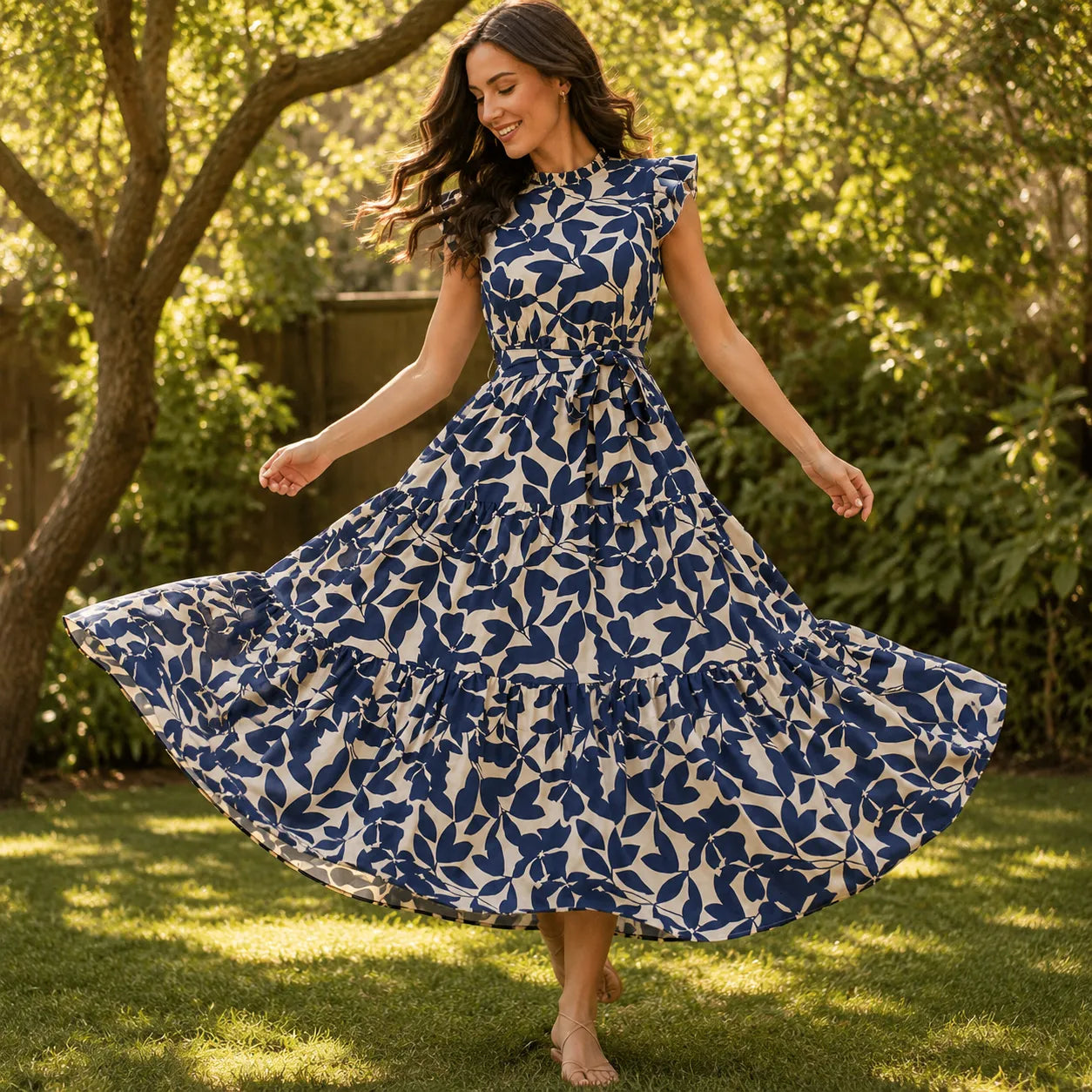 Sunlura – Flutter Sleeve Tie Waist Tiered Midi Dress, Summer Floral Print, Women's Casual Dress