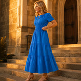 Willowen – V-Neck Tiered Midi Dress with Pockets, Short Sleeve, Ruched Waist