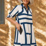 Ondelle – Geometric Print Midi Shirt Dress with Side Pockets