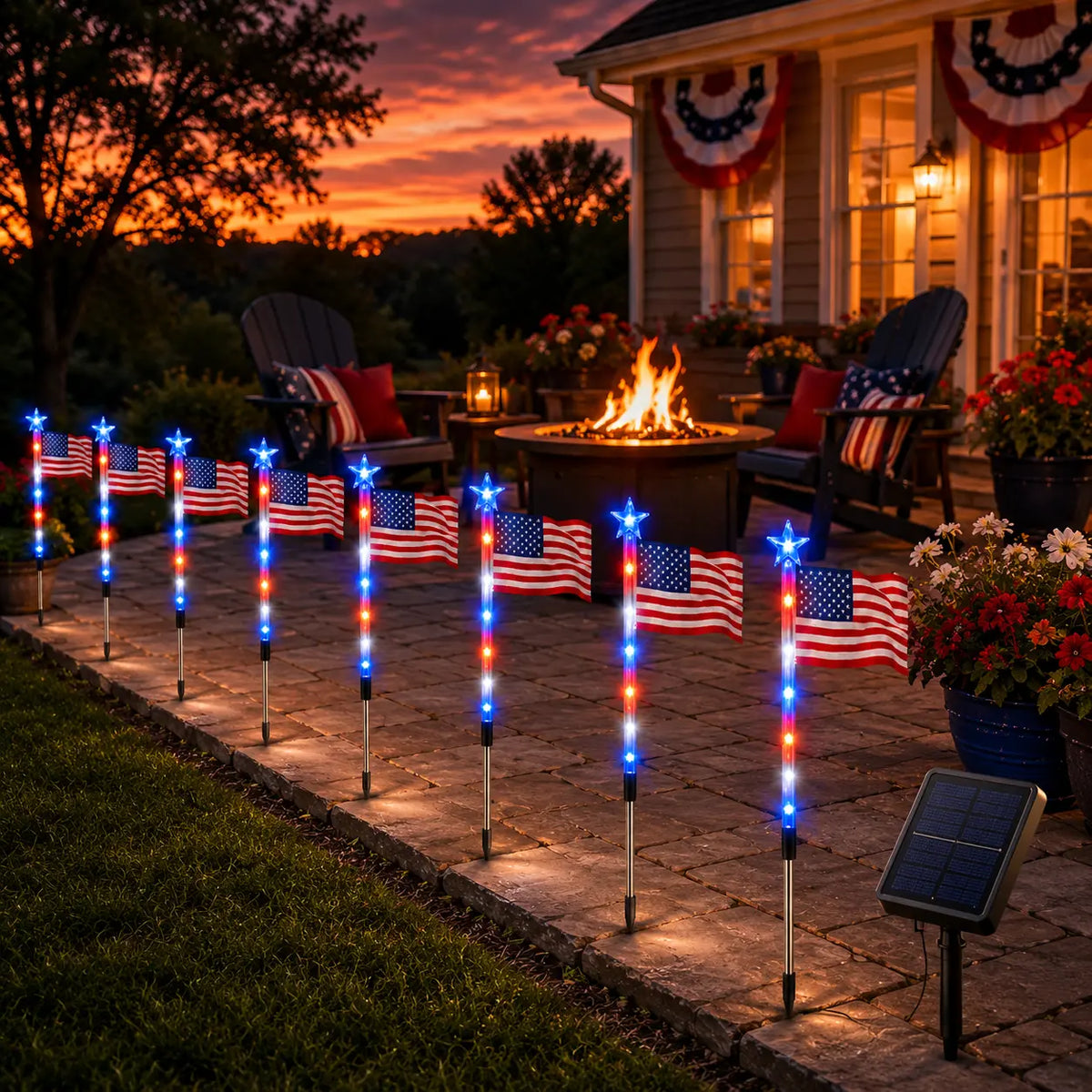 Stargrove – Solar American Flag Light Stakes, 8-Piece Set for 4th of July Walkway & Yard Decor