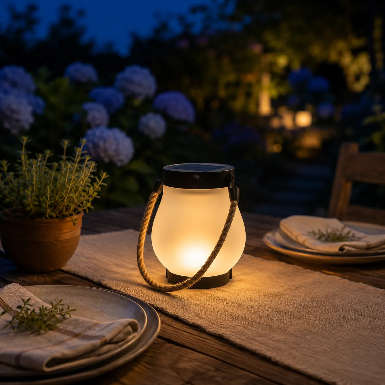 Portable Lumvera lantern glowing beside a garden path
