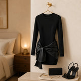 Noirelle – Long-Sleeve Bodycon Mini Dress with Faux-Leather Wrap Tie