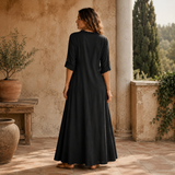 Soléra – Boho Ruffle V-Neck Maxi Dress with Roll-Up Sleeves