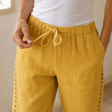 Loravie – Eyelet Trim Cotton-Linen-like Capri Pants with Drawstring Waist