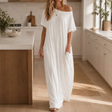 Solenne – Off-Shoulder Drape Maxi Dress with Side Pockets, Soft Viscose Throw-On Summer Dress