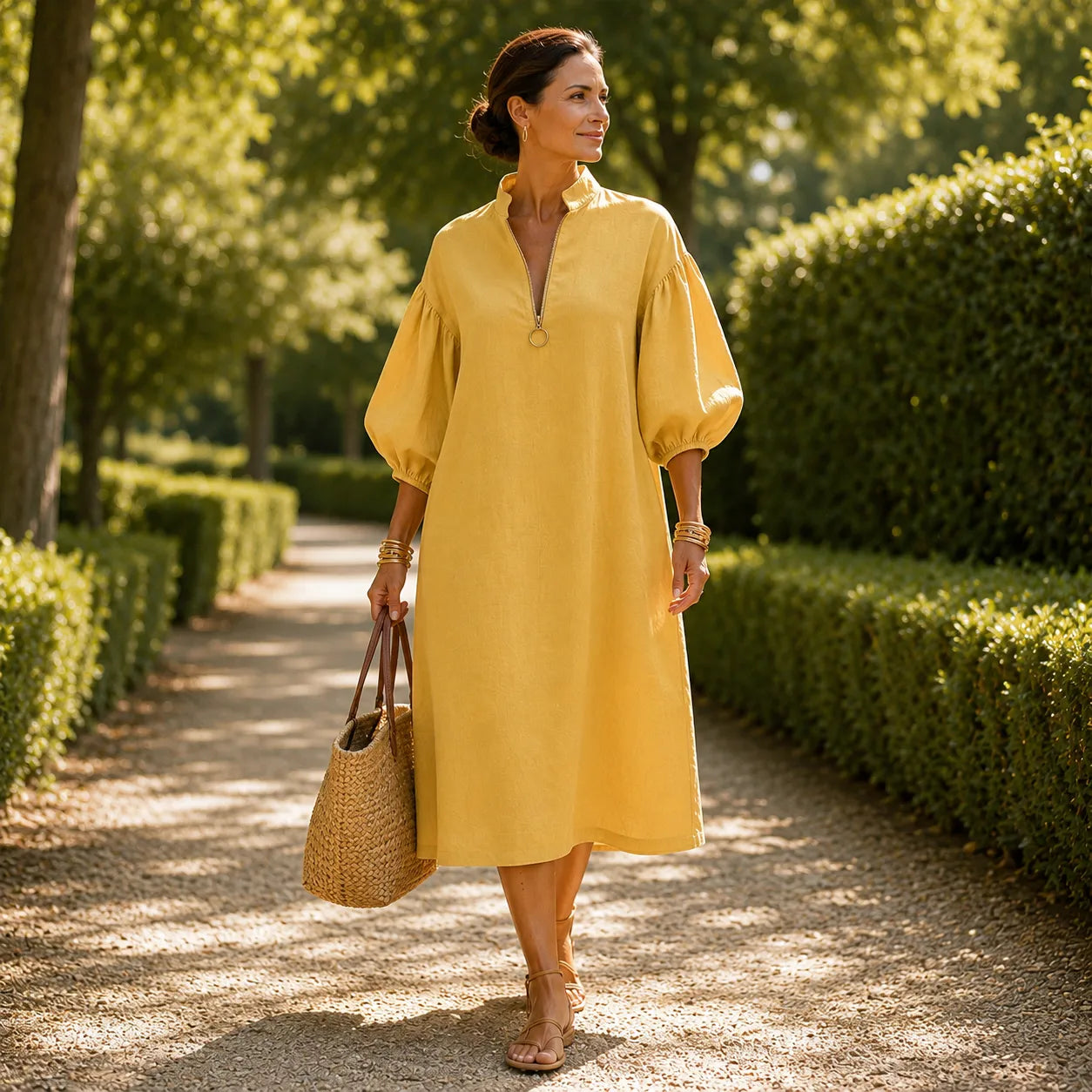Solvana – Half-Zip Puff Sleeve Loose Midi Dress with Pockets