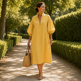 Solvana – Half-Zip Puff Sleeve Loose Midi Dress with Pockets