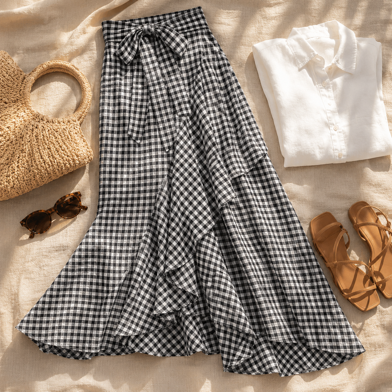 Veluna – Gingham Asymmetrical Ruffle Maxi Skirt for Women
