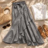 Veluna – Gingham Asymmetrical Ruffle Maxi Skirt for Women