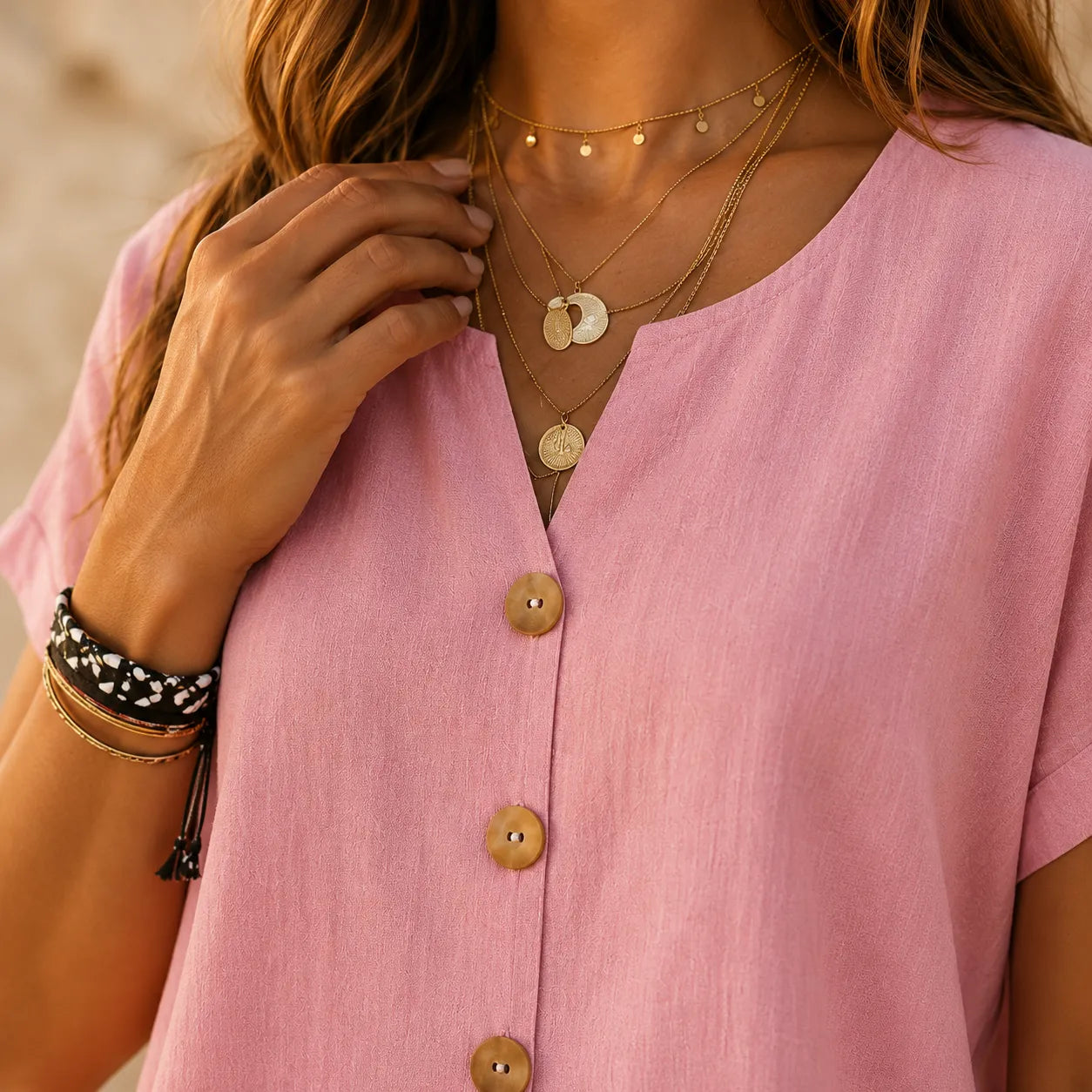 Solene – Relaxed V-Neck Blouse with Wood-like Buttons for Women
