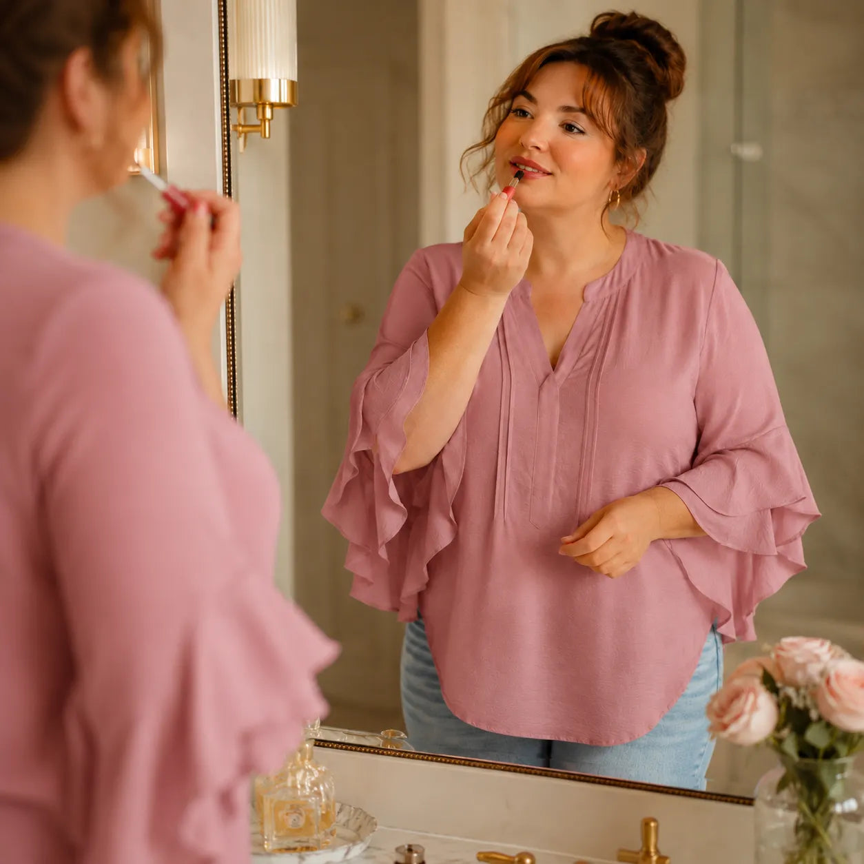 Vivelyn – Women's V-Neck Ruffle Sleeve Blouse, Flowy Casual Top in 4 Colors