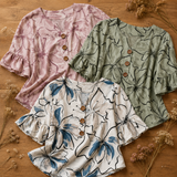 Roselisse – Watercolor Floral Ruffle Sleeve V-Neck Blouse